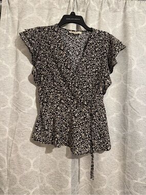 Floral Wrap Blouse - Black and Cream